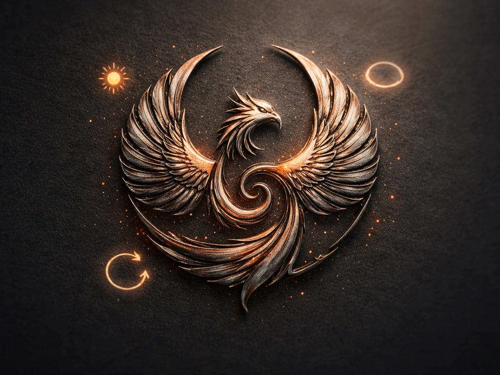 Minimal phoenix emblem with circular rebirth motif and small sun and renewal icons on a dark background