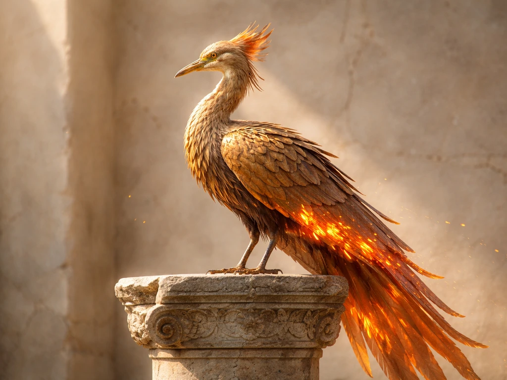 Single phoenix-like bird with classical ornaments against a softly lit ancient-stone background.