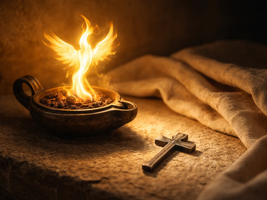 Warm candlelit Christian-era scene with a small phoenix-like rebirth motif and a subtle cross shape in the flames