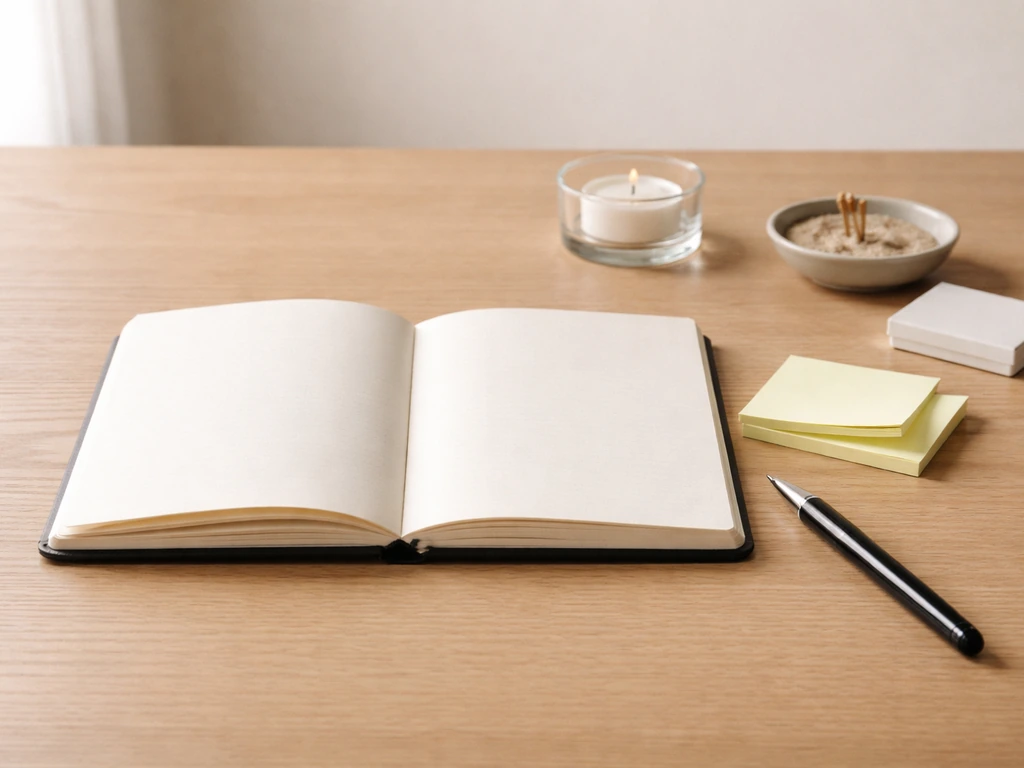 Minimal desk setup with journal, pen, sticky notes, and a safe tealight in glass holder.