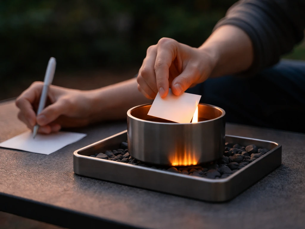 Hands write a blank paper and place it in a fireproof container as a small contained flame burns it.