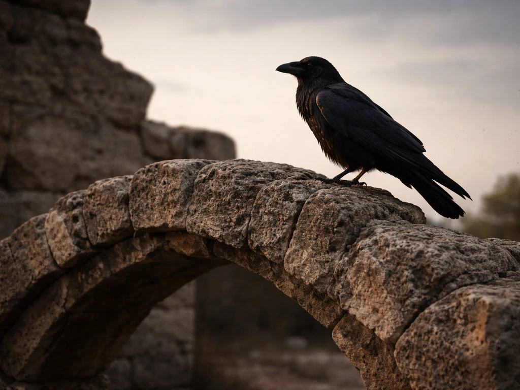 A dark raven perched on an ancient stone archway at dusk, evoking biblical symbolism