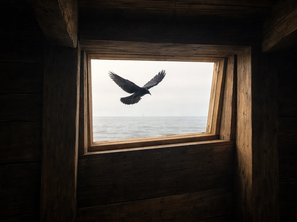 A raven flies out of Noah’s Ark through an open window, showing the timeline moment on the sea.