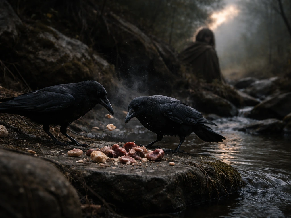 Ravens dropping bread and meat near a hidden stream where a lone figure waits in dusk wilderness.