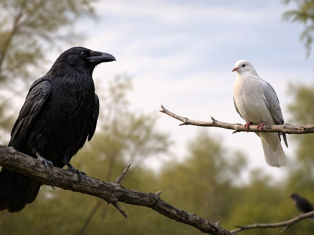 Raven on a dark branch and a dove on a lighter branch, side-by-side in a simple outdoor setting.