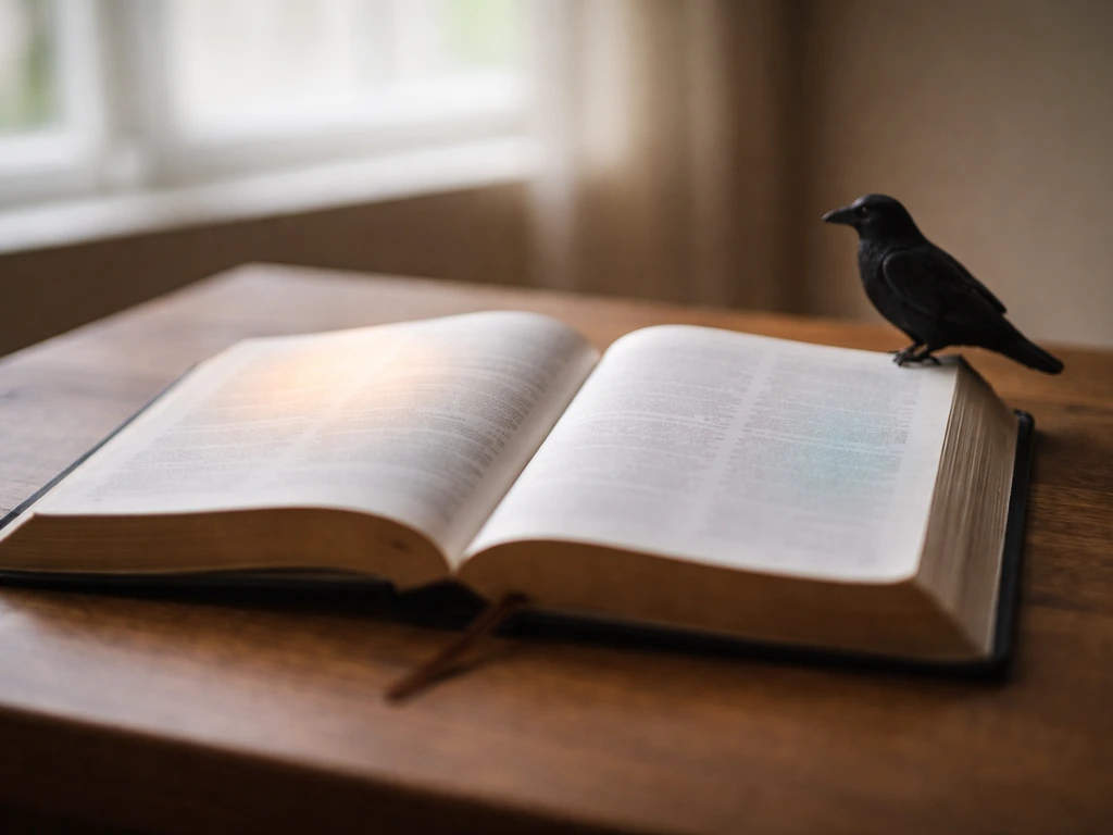 Open Bible on a wooden table with a small raven perched near the pages, minimal reading guide vibe.