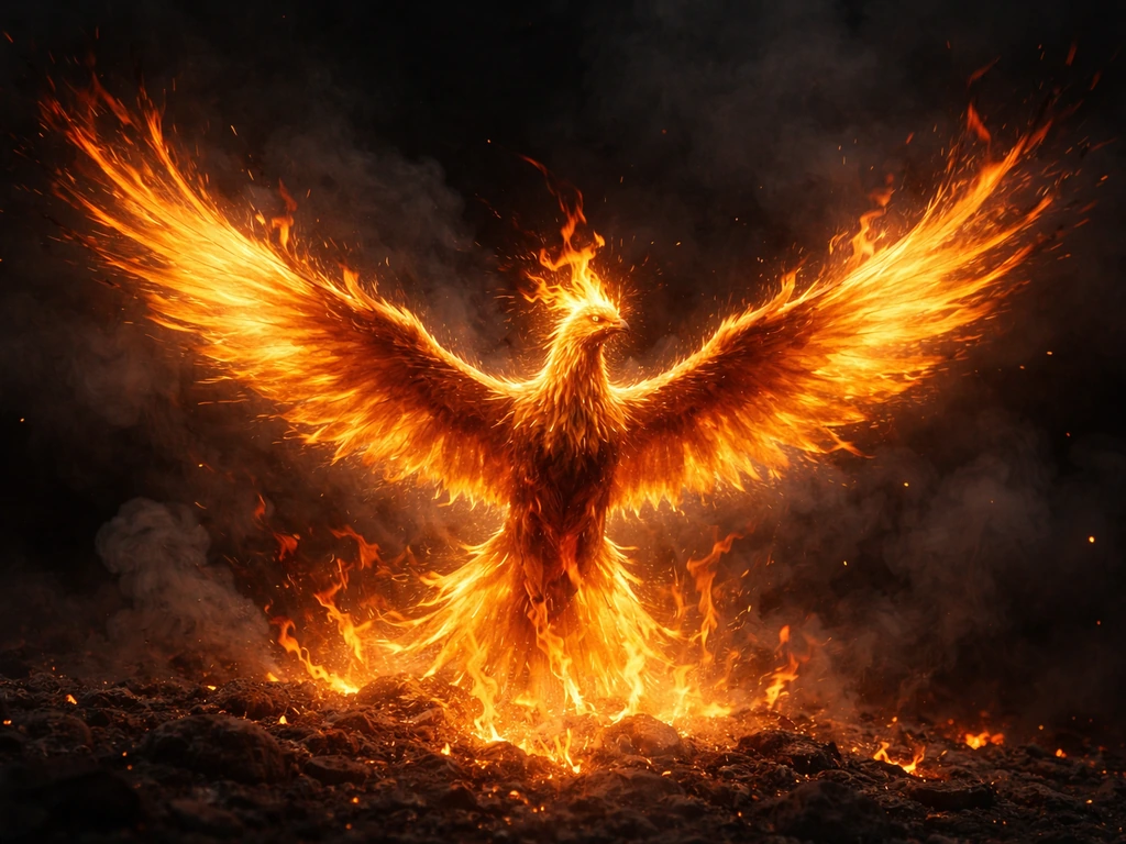 Mythical phoenix rising from glowing ashes with open wings in a dark, smoky scene.