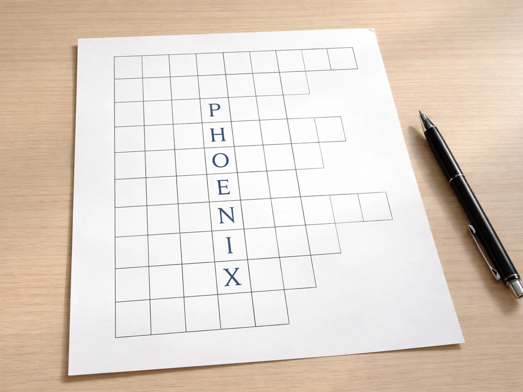 A single CodyCross-style grid with the word PHOENIX filled in for reborn-from-ashes clue squares
