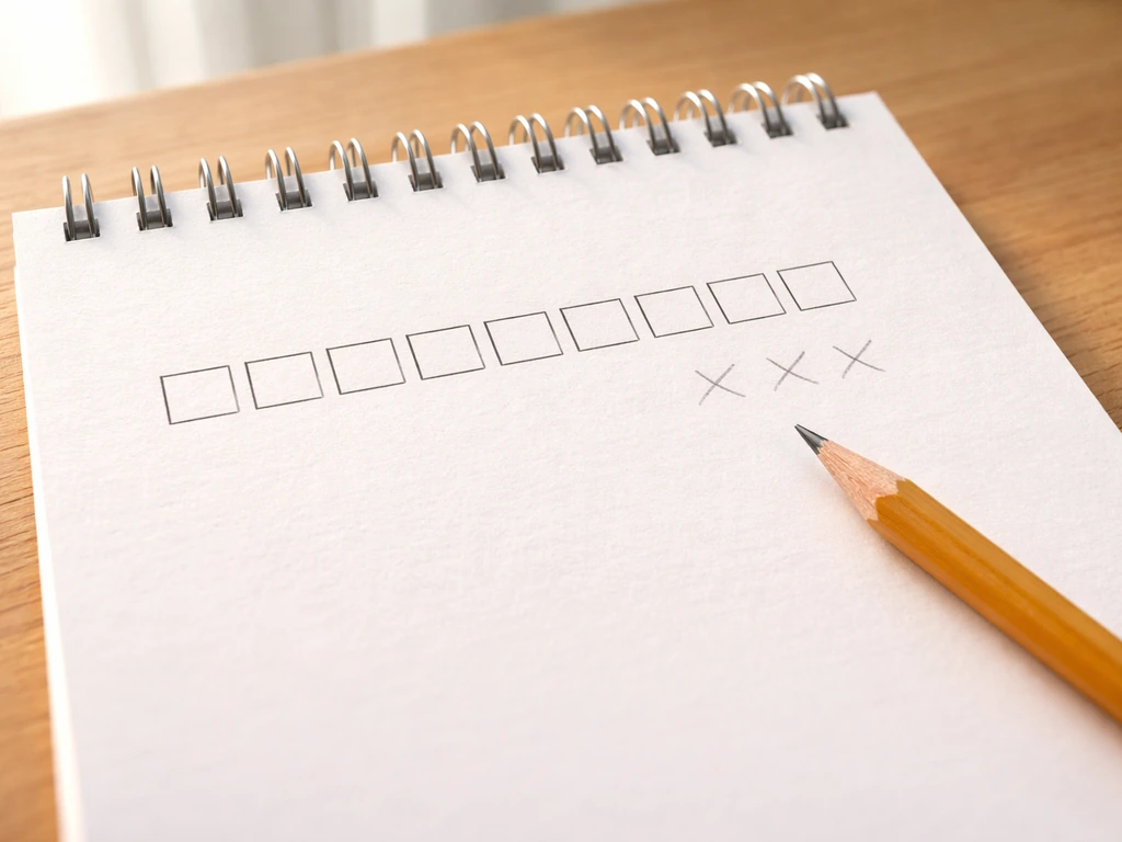 Minimal tabletop photo of seven blank squares with a pencil, plus a small crossing-letter layout concept.