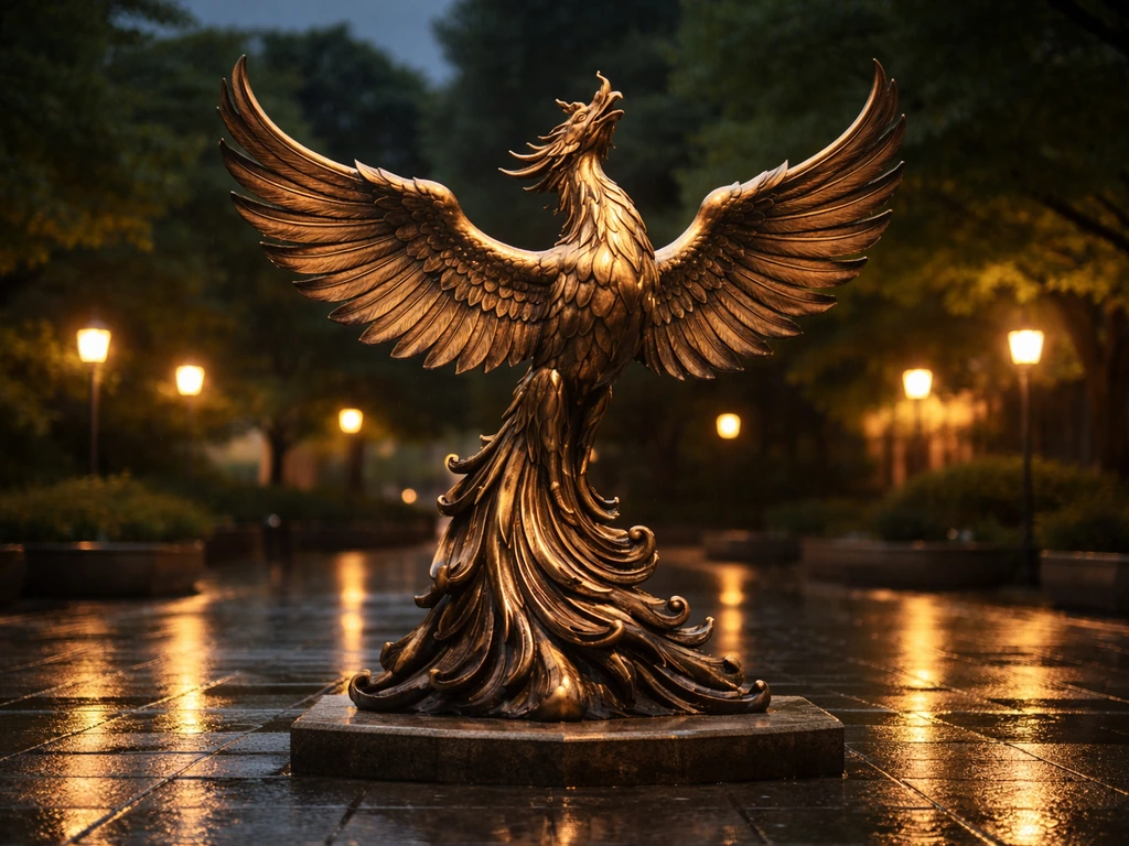 Bronze phoenix monument inspired by Hiroshima rebirth symbolism in a quiet dusk courtyard