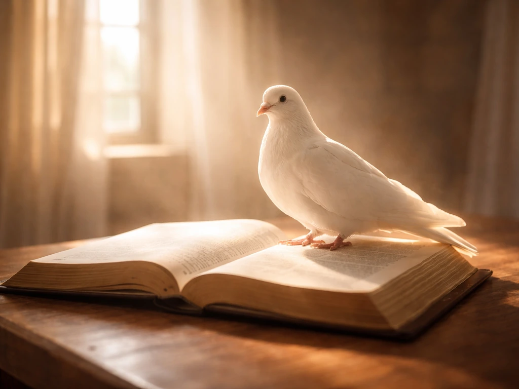 A single white dove perched near an open Bible with warm light glowing like the Spirit.