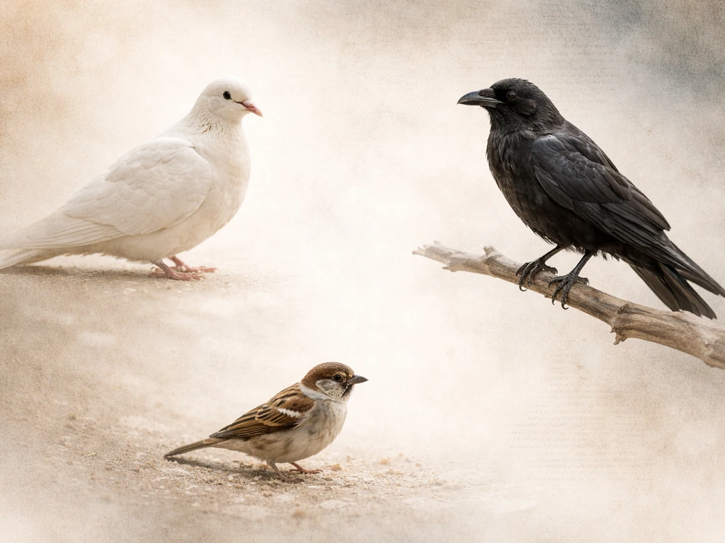 Minimal collage showing dove, raven, and sparrow with subtle faded book-page backgrounds, evoking birds in Scripture.