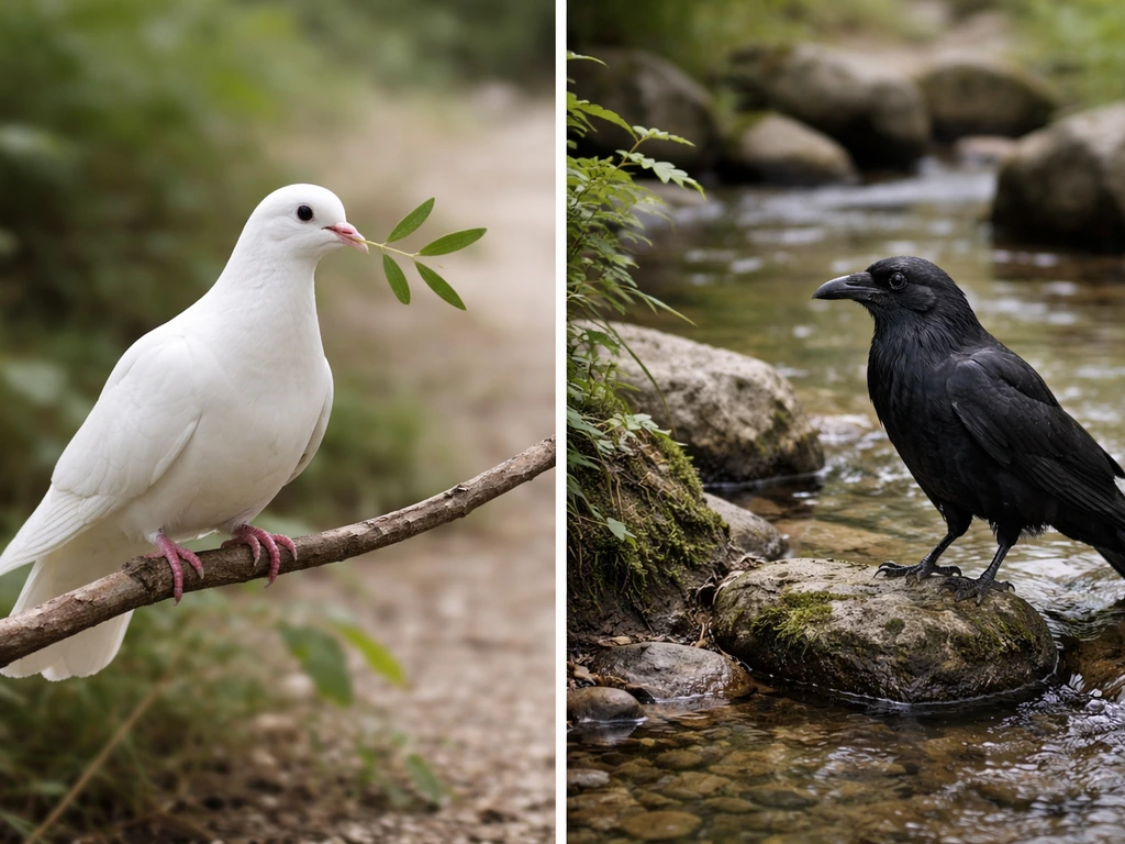 White dove with an olive leaf beside a raven near a rocky brook, symbolizing contrasting meanings.