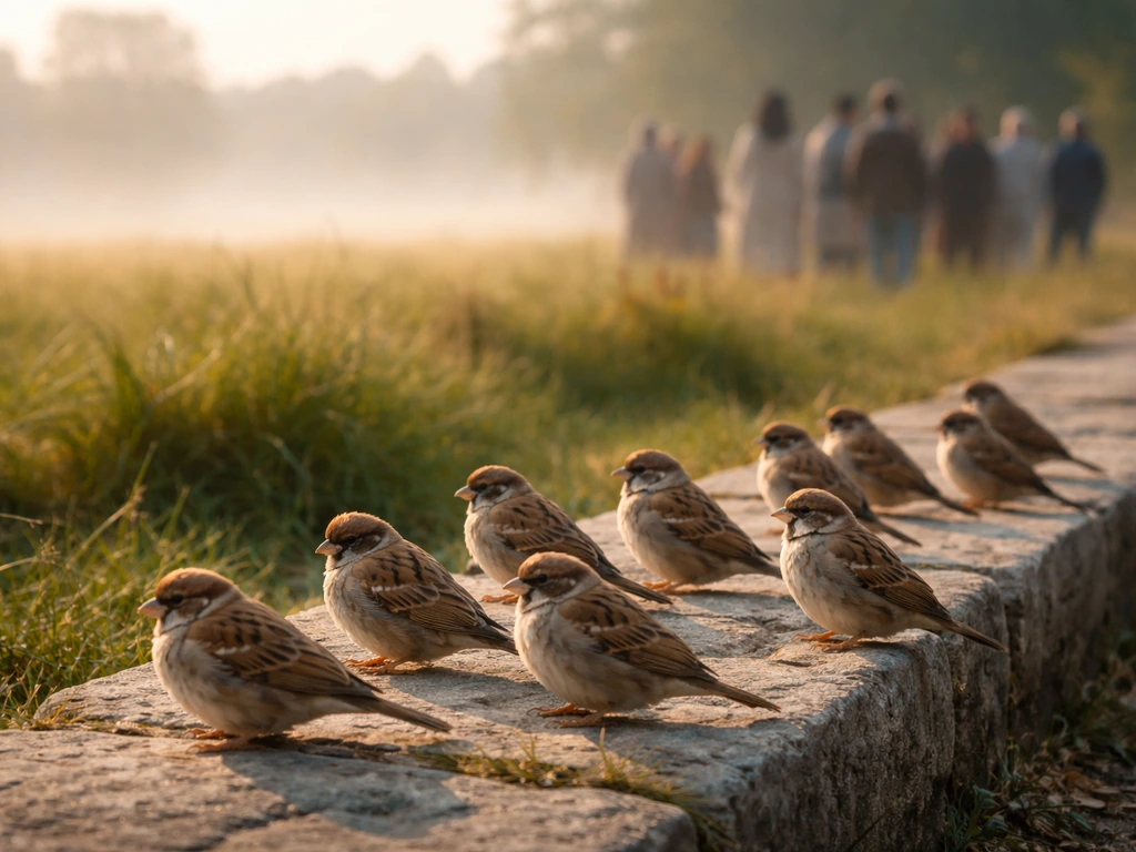Sparrows perched on a stone walkway while a blurred crowd watches in the background.