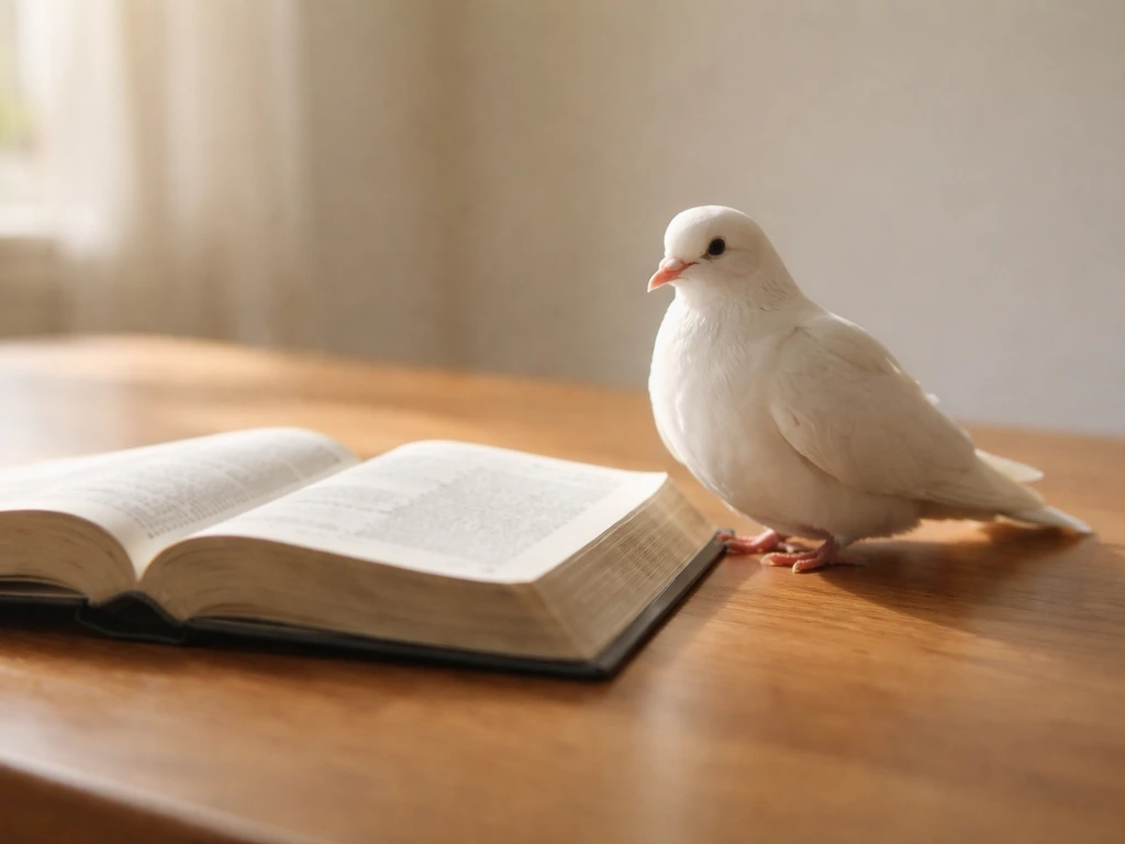 An open Bible on a wooden table beside a white dove, showing peace and biblical context