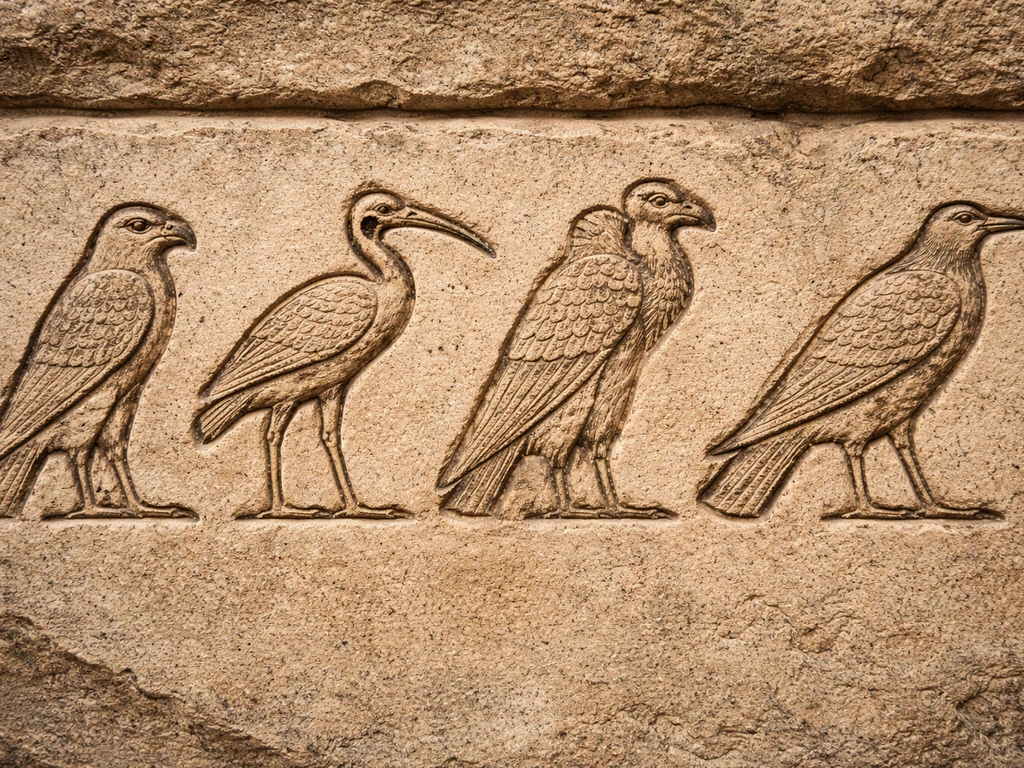 Close-up of several Egyptian bird hieroglyph carved on stone, side-by-side for easy identification.