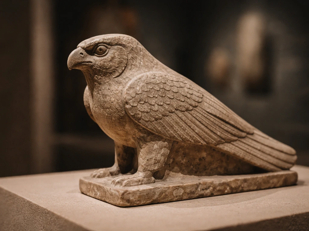 Close-up of an ancient falcon-carved stone ornament suggesting Horus and divine kingship motifs