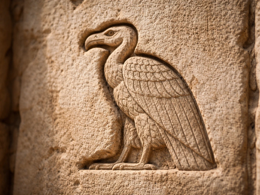 A realistic stone vulture hieroglyph carving symbolizing protection and maternal power, shown close-up in soft light.