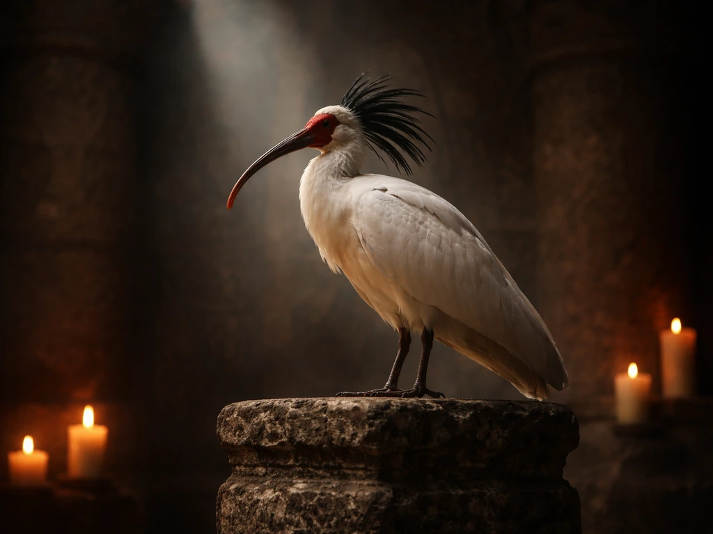 Crested ibis-feather motif in a dim Egyptian afterlife-themed setting with soft candlelight