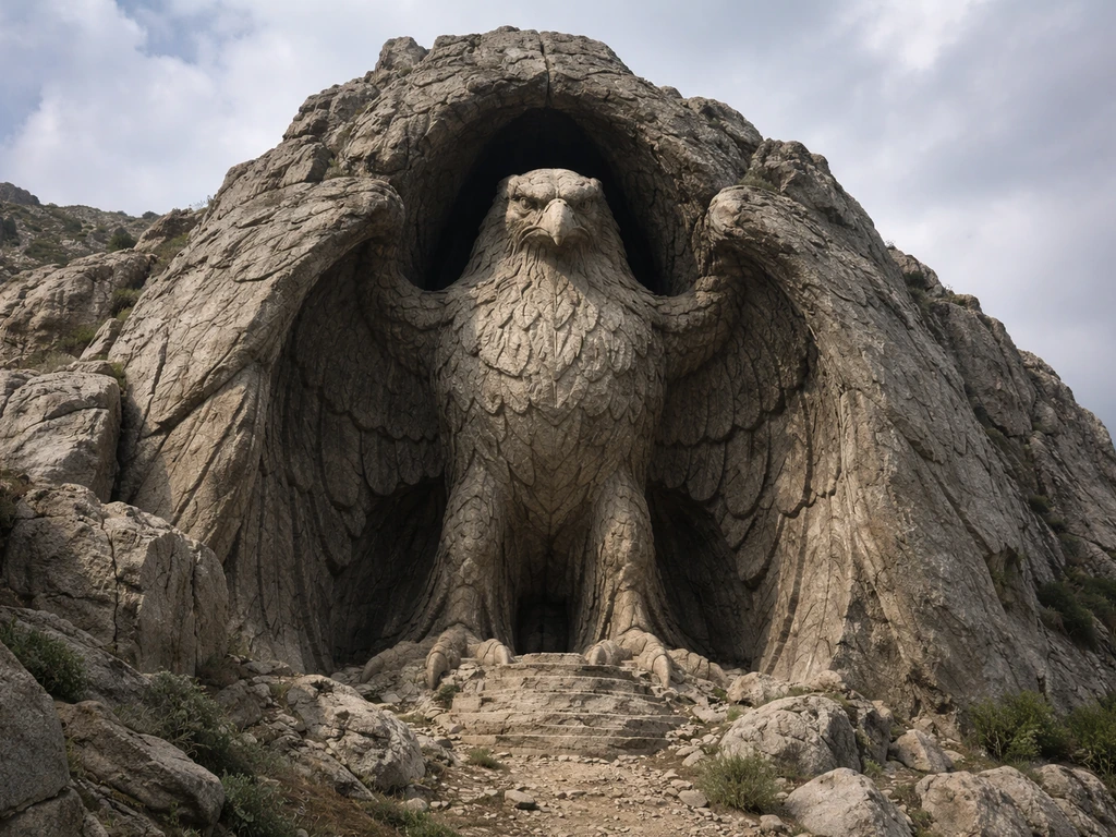 Monumental bird-shaped stone shrine, the bird motif embraced by encasing rugged rock.