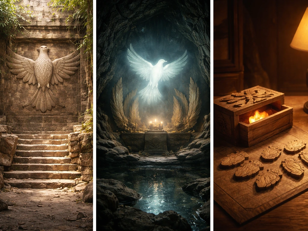 Three minimalist vignettes: bird temple ruins, mythic grotto shrine, and a tabletop puzzle with bird tokens.