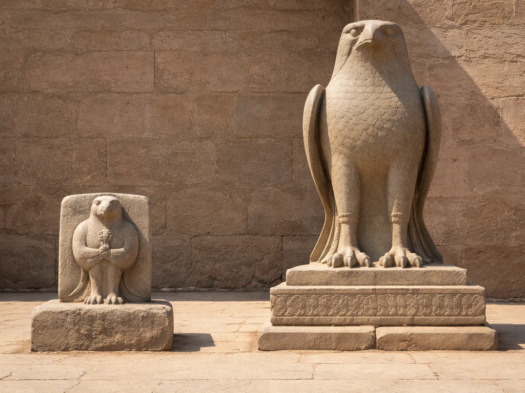 Small carved bird figure beside a towering monumental bird shrine, highlighting large-scale sacred symbolism.