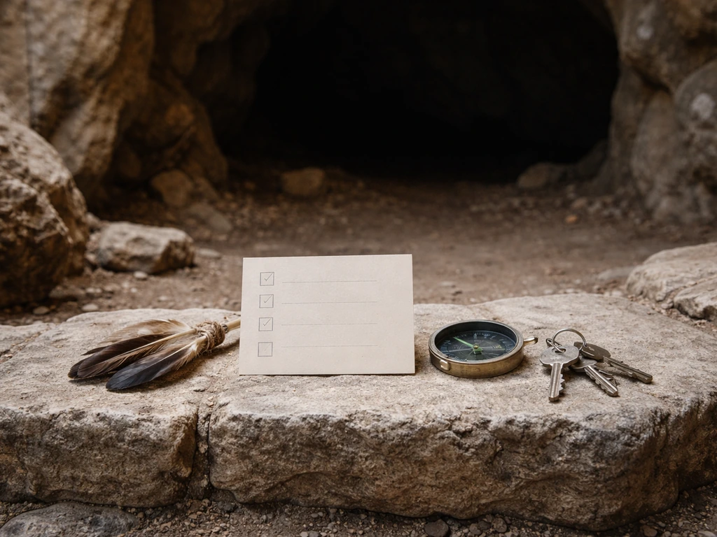 Minimal photo of cave stone walls with a small bird feather and a handheld checklist card nearby
