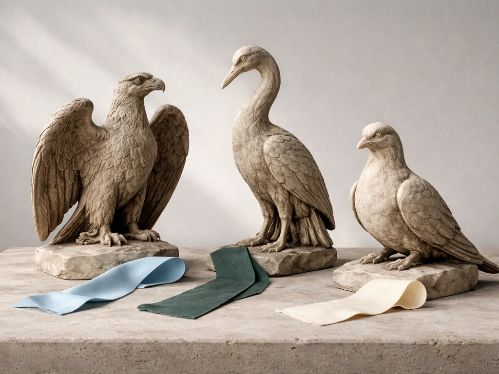 Minimal photo of three stone heraldic birds (eagle, crane, dove) grouped, symbolizing flight, vigilance, and peace