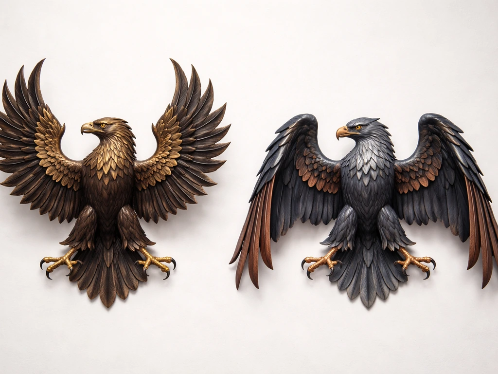 Two matching heraldic birds side by side, each in different posture and color tones on a plain background.