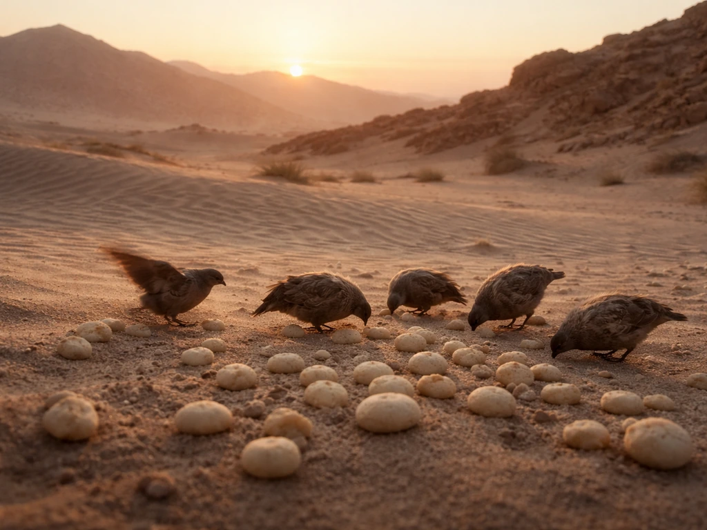 Quail in a dawn desert with small manna-like bread scattered on sandy ground