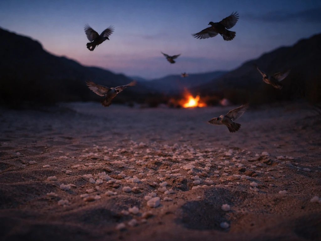 Quail fluttering down at twilight over desert sand with small bread-like manna flakes