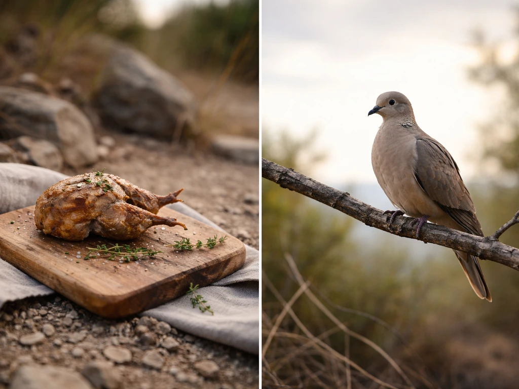 Side-by-side: cooked quail as food provision and a dove perched as a symbolic bird in the wild.