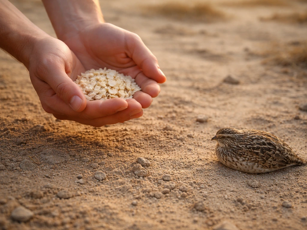 Hands offering manna-like flakes beside a resting quail on dry arid ground at dawn