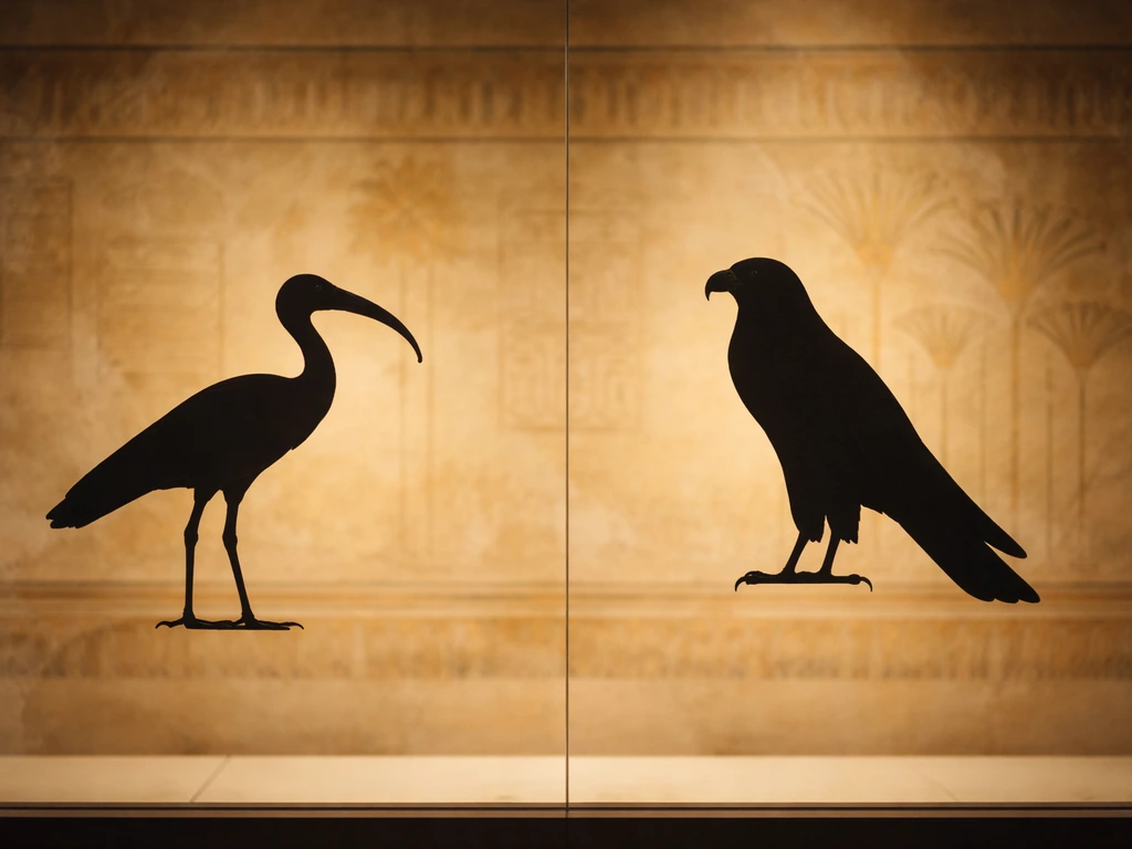 Museum-style view of ibis and falcon silhouettes on an ancient Egyptian art backdrop symbolizing sacred birds.