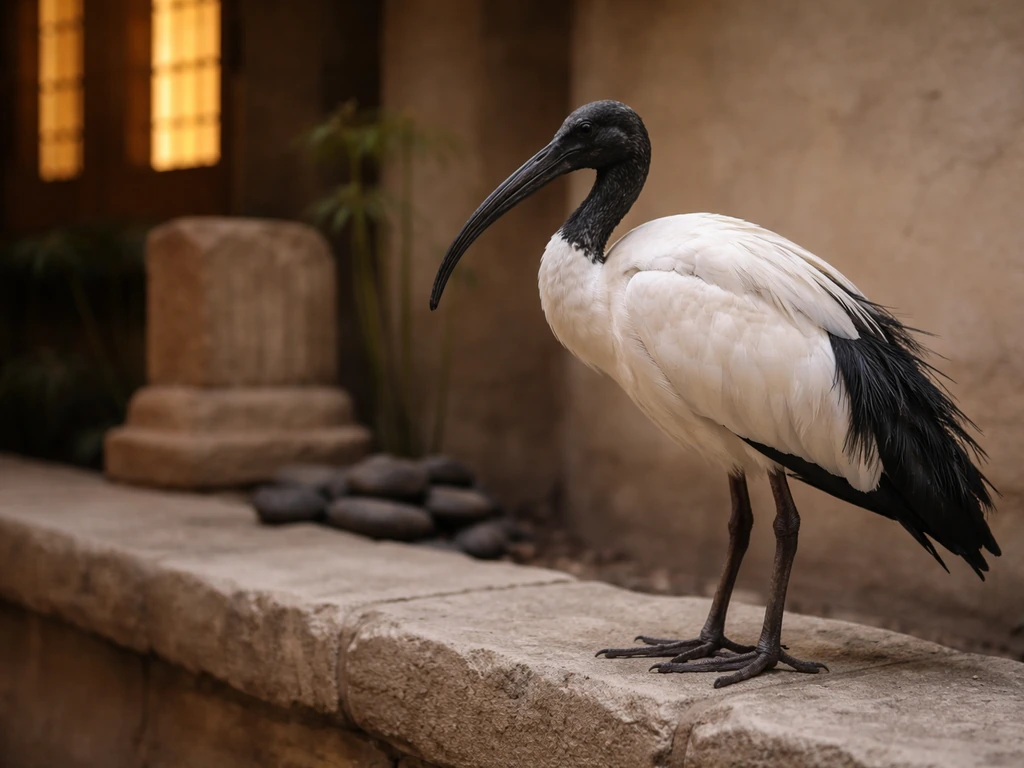 A sacred ibis perched beside simple ancient Egyptian stone and papyrus in warm natural light.