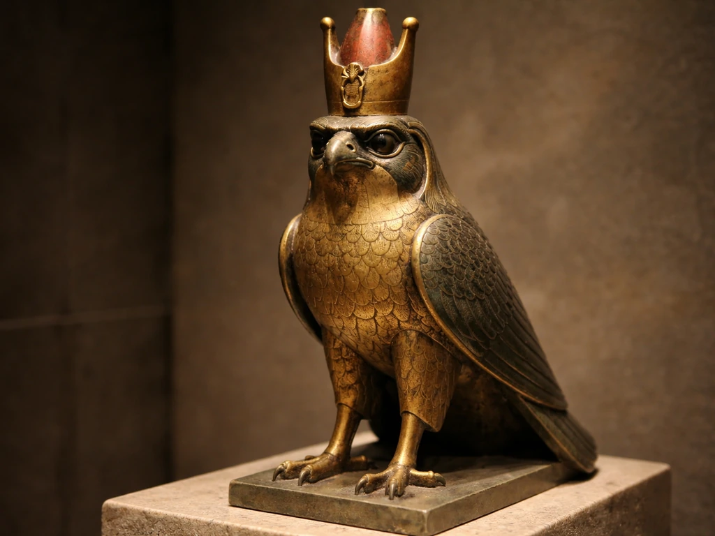 Close-up of an Egyptian falcon replica with a crown-like headdress in a quiet museum setting.