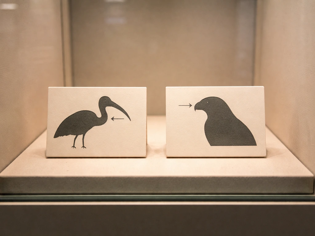 Museum display case showing ibis and falcon silhouettes with beak-shape arrow overlays.
