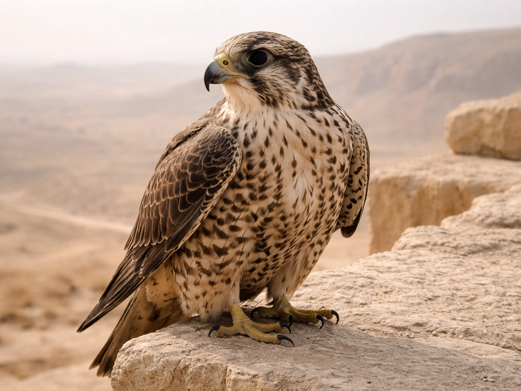 Speckled bird of prey perched on a cliff against an ancient Middle Eastern landscape at golden hour.