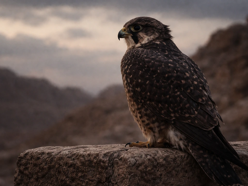 A speckled bird of prey perched on weathered stone against a dim, cloudy sky.
