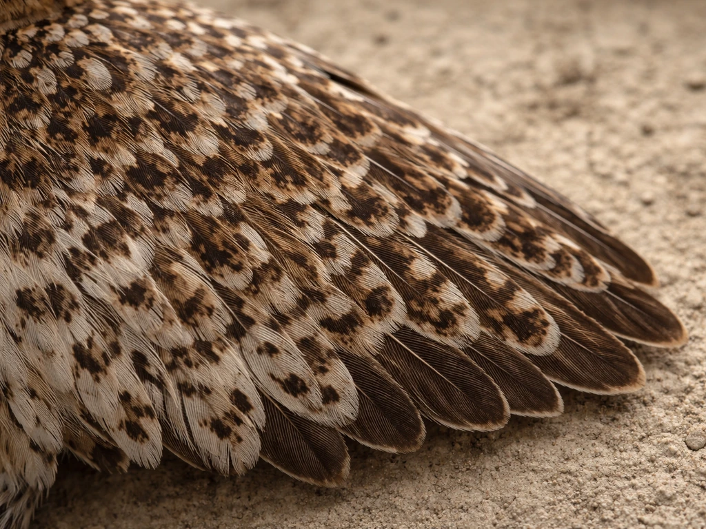 Close-up of speckled bird feathers with a softly blurred archaeological stone background.