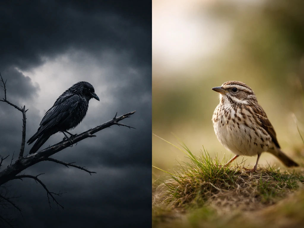 Minimal split-scene showing two different bird-themed Bible traditions: a moody lament bird vs a generic speckled bird c