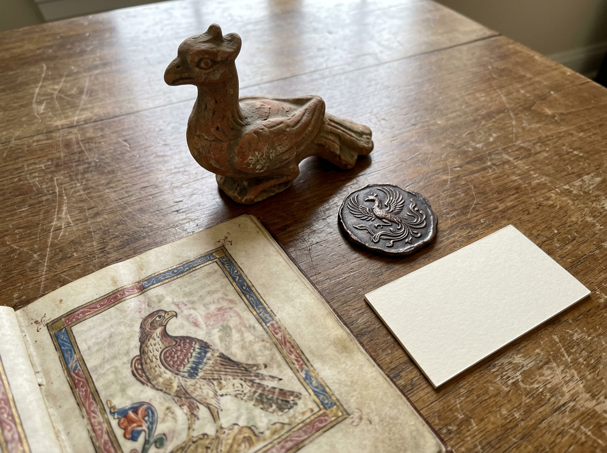 A tabletop collage of phoenix-like motifs from different historical sources and art styles.