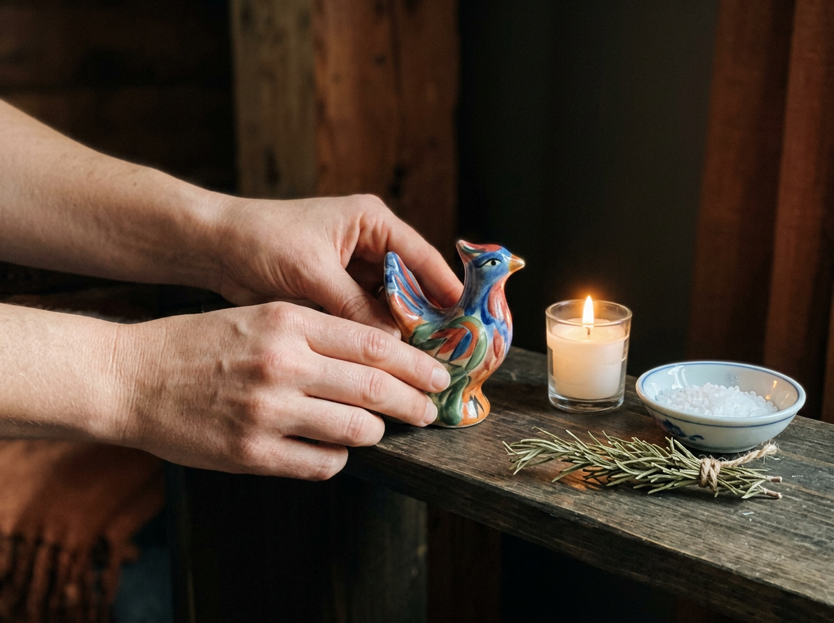 Candlelit altar with a phoenix figurine and renewal symbols like salt and herbs.