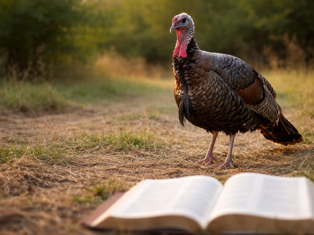 A turkey on a natural background with an open Bible nearby, suggesting the question about Bible mentions.