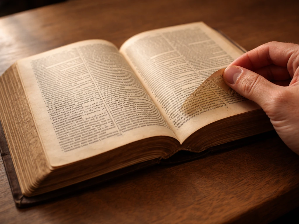 Close-up of an open old Bible on a wooden table, hand holding the page as if checking a passage.