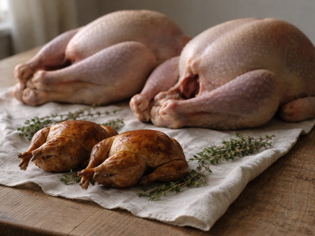 Quail and other large game birds laid on a simple wooden table, rustic Bible-food bird theme
