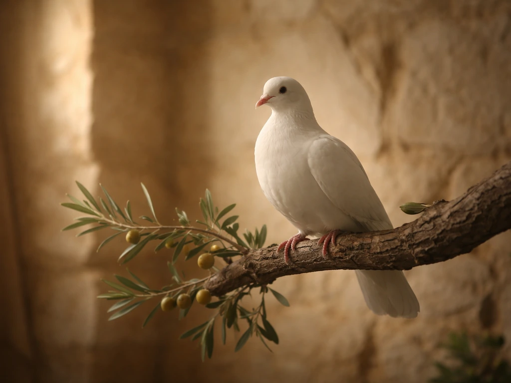 A lone dove perched on an olive branch against a softly lit stone wall