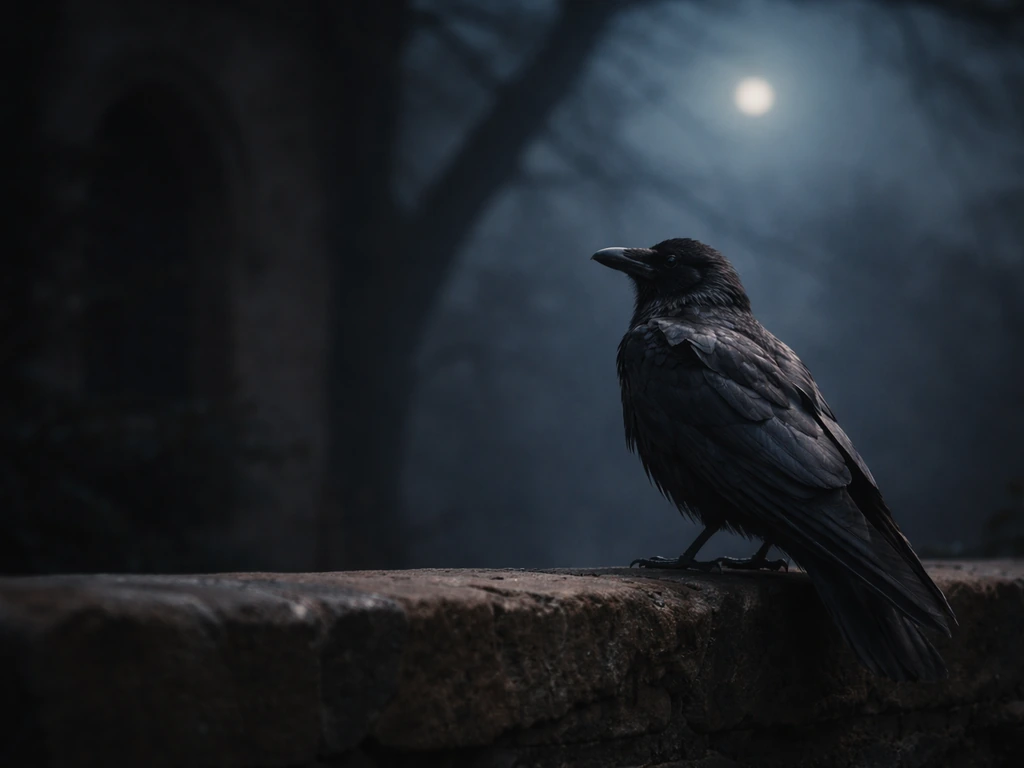 An old-feathered raven perched on a weathered stone ledge under moonlit dusk.