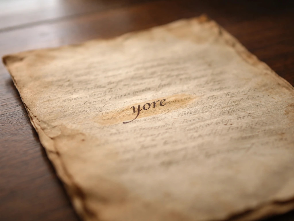 A close-up of an aged book page with the word "yore" emphasized, suggesting its meaning "formerly/long ago".