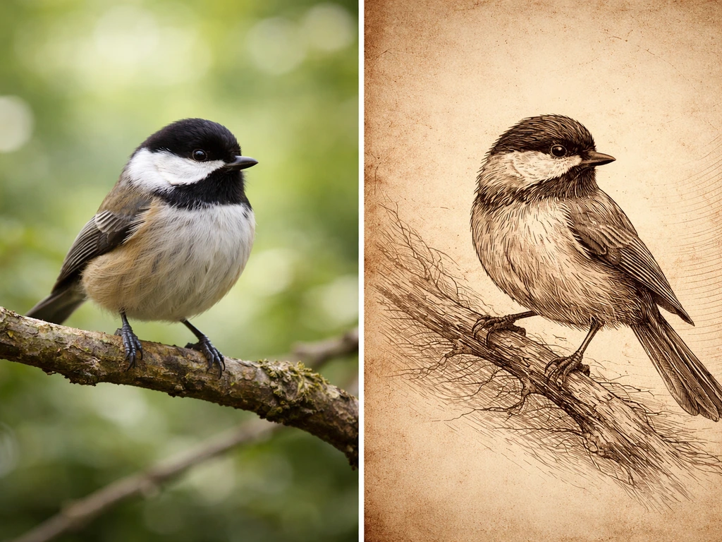 Two-panel image: real bird in habitat on left and stylized poetic bird on parchment on right.